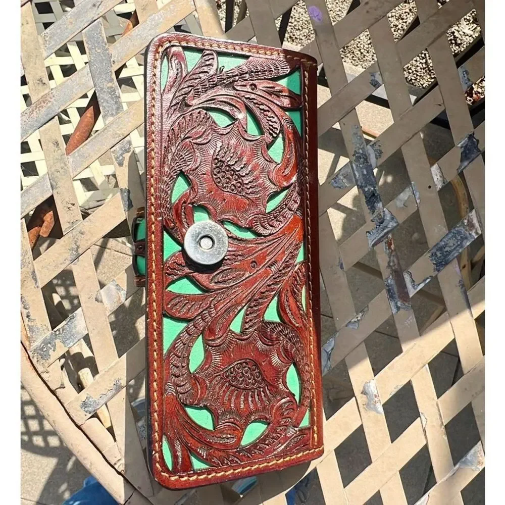 Hand Tooled Leather Western Wallet Brown/Teal Leather - Picture 4 of 4